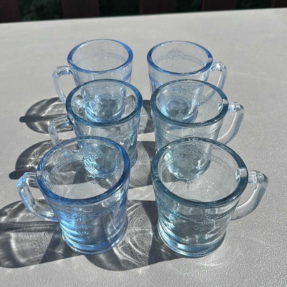6 vintage Fire-King Sapphire Blue mugs, in the Philbe pattern depression glass